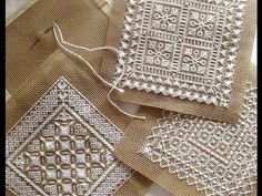 four pieces of white and beige crocheted fabric