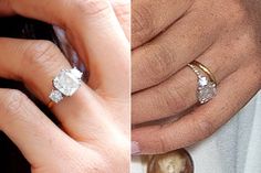 a man and woman's engagement rings are shown in two different pictures, one with an oval shaped diamond