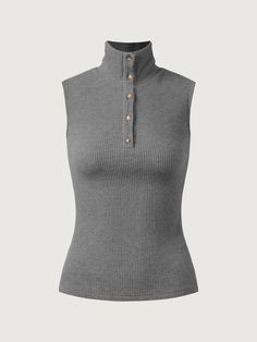 Lasaky - Sweet Sleeveless Tank Top with Stand Collar, Single-Breasted Button Closure, Solid Color Base Shirt Sleeveless Shirts, Brown Outfit, Slim Fit Top, Ribbed Turtleneck, Sleeveless Tank Top, Sleeveless Tank, Her Style, Classy Outfits, Stand Collar