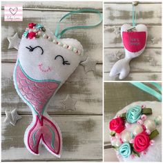 three pictures of different items made to look like mermaids and roses, including a key chain