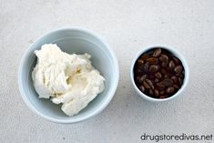 two bowls filled with ice cream and coffee beans