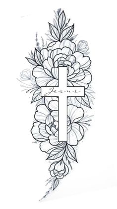 a cross with flowers on it and the word jesus written in black ink over white paper