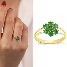 "This 14k Gold Emerald Hexagon Flower Ring will look great on you no matter what you wear! Thanks to its dainty and minimalist design, you'll never want to take it off once you wear! Treat yourself with such beautiful ring as well as being protected by the incredible benefits of Emerald gemstone! ‣ Please choose \".... US (your ring size) + Earrings\" option from variations if you want to purchase as a ring and earrings set. If you choose only ring size, you will only recieve the ring, not the e Flower Shaped Ring With May Birthstone For Wedding, Flower Shaped May Birthstone Rings For Wedding, Flower-shaped May Birthstone Rings For Wedding, Flower-shaped May Birthstone Wedding Rings, 14k Gold Cluster Emerald Ring As Gift, Elegant Flower Shaped Emerald Ring For Gift, Cluster Emerald Ring For Gift, Gift Cluster Emerald Ring, Wedding Flower Ring For May Birthstone