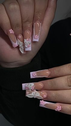 Nails 2023 Trends Hello Kitty, Hello Kitty Nails With Flowers, Latina Nails Hello Kitty, Hello Kity Nails Acrylic, Hello Kitty Nails With Initial, Hello Kitty Birthday Nails, Short Hello Kitty Nails With Charms, Purple Hello Kitty Nails, White Hello Kitty Nails