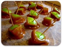 caramel and green candy on sticks with toothpicks