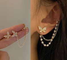 Ear Cuff Chain, Stile Hijab, Korean Jewelry, Gold Earrings For Women, Big Hoop Earrings, Fake Piercing, Butterfly Earrings Stud, Ear Cuffs, Butterfly Earrings