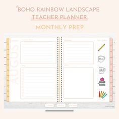 the boho rainbow landscape teacher planner is open and has school supplies on top of it