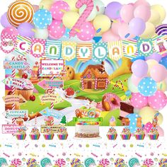 a candy land birthday party with balloons and decorations