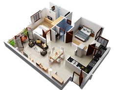 the floor plan of a two bedroom apartment with an attached kitchen and living room area