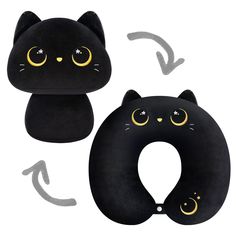 two black cat shaped pillows with yellow eyes and one has an eye patch on it