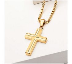 Show off your faith with this masculine goldtone stainless steel cross pendant and sturdy box chain. From Verve Men's Jewelry. Stainless Steel Cross Pendant, Steel Cross, Pendant With Chain, Small Crosses, Men's Jewelry, Box Chain, Ants, Cross Pendant, Mens Jewelry