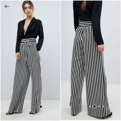 Boohoo For Asos Tie Waist Striped Wide Legs Pants 100% Polyester Colos Is Not True White. Closer To An Off White Nwot Approximate Flat Measurements Waist 13.5" Lenght 44" Elegant Striped Bottoms For Night Out, Chic Striped High Waist Wide Leg Pants, Chic Striped Pants For Night Out, Striped Wide Leg Pants For Night Out, Black Wide Leg Pants For Summer Outings, Striped Bottoms For Spring Party, Trendy Wide Leg Pants For Going Out, Casual Striped Party Bottoms, Wide Legs Pants