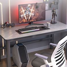 a desk with a computer monitor, keyboard and mouse on it in front of a skeleton figurine