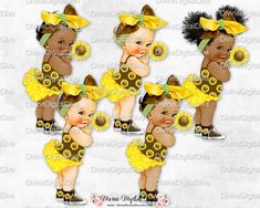 baby girl in yellow and brown outfit with large bows on her head, surrounded by smaller babies