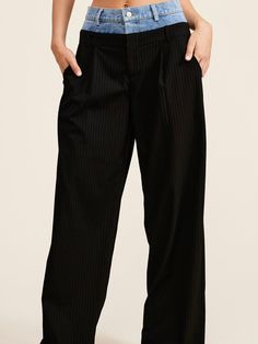 These trouser pants are designed with a unique Peek-a-boo denim wash waistband that adds a playful twist to the sophisticated pinstripe pattern. Complete with functioning front pockets and belt loops on both the denim and pants, they seamlessly blend style and practicality. Casual style. European design. Boho look. Button front closure. Side pockets. Wide leg. Pleaded front leg details. 100% Cotton (blue jeans and 69% polyester, 29% rayon and 2% spandex blend fabric. Color may be lighter or darker depending of the device it is displayed. Unique Trousers, Practical Fashion, Black Wide Leg Pants, Romper And Jacket, European Design, European Designs, Swimwear Cover Ups, Boho Look, Swimwear Cover