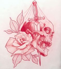 a drawing of a skull and rose with scissors