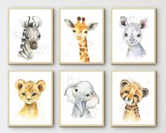 four watercolor paintings of different animals with the words be different, stand tall, dream big, be brave, be kind