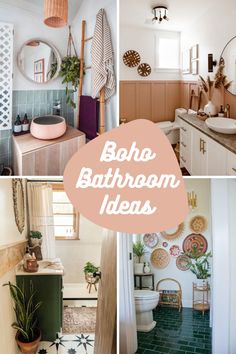 the bathroom is decorated in different colors and styles, including pink, green, white, and beige