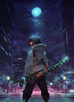 an anime character is standing in the middle of a city at night with his back to the camera