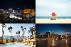 four different pictures with buildings and palm trees in the foreground, an empty swimming pool on the beach, and a ferris wheel at night time