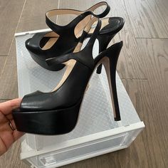 Preloved In Great Condition Prada Sling Back Platform Heels In Black Leather Size 38.5. Worn 5 Times . Include Generic Dust Bag All Sales Are Final. No Returns Or Exchange Black Calf Leather Slingback Heels, Heels Ideas, Shoes Prada, Prada Shoes, Sling Back, Platform Heels, Shoes Women Heels, Prada, Shoes Heels