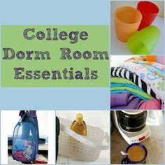 collage of dorm room essentials with the words college dorm essentials on it