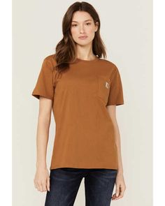 Carhartt Women's Loose Fit Heavyweight Short Sleeve Pocket Tee Relaxed Fit Brown T-shirt With Pockets, Brown Cotton T-shirt With Pockets, Relaxed Fit Cotton Tops With Left Chest Pocket, Relaxed Fit Short Sleeve Top With Chest Pocket, Cotton Short Sleeve Tops With Left Chest Pocket, Brown Tops With Pockets For Everyday, Brown Everyday Tops With Pockets, Brown Crew Neck Top With Pockets, Brown Short Sleeve T-shirt For Work