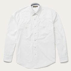 This premium Western shirt is constructed with triple needle stitching for toughness and has a classic, loose cut for riding and outdoor activity. It’s made from 100% cotton poplin that hangs well while keeping its shape and only gets better with age. Two snap-closure pockets, a spread collar, and a three-point curved back yoke give this button-down the perfect dose of character.Iconic Western details include Stetson-branded snap buttons on the front placket, cuffs, and pockets, as well as custo Western Long Sleeve Tops For Outdoor, Western Style Long Sleeve Tops For Outdoor, Relaxed Fit Cotton Shirt For Ranch, Classic Long Sleeve Outdoor Shirt, White Long Sleeve Shirt For Rodeo, Rugged Long Sleeve Shirt For Outdoor, Rugged Button-up Outdoor Shirt, Rugged Button-up Shirt For Outdoor, Rugged Outdoor Button-up Shirt