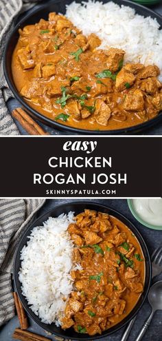 chicken rogan josh with white rice in a black bowl and on a plate