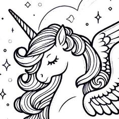 an unicorn with wings and stars on it's head is shown in black and white