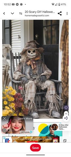 an image of a skeleton sitting on a porch chair with the caption save 20 scary diy halloween decorations