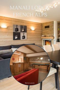 a living room and dining area with wood paneling