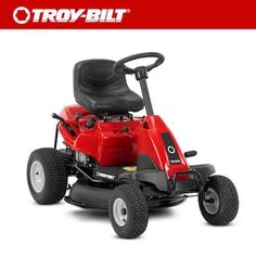 a red lawn mower sitting on top of a white background with the words trov - biltt above it