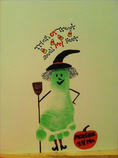 a child's drawing of a green monster holding a broom and pumpkin with words trick or treat, smell my feet