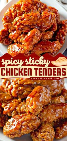 spicy sticky chicken tenders on a white plate with the title above it in red