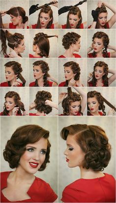 Nice retro look. Love both the hairstyle and makeup. Retro Hairstyles Tutorial, Vintage Hairstyles Tutorial, Easy Updo Hairstyles, Hair And Beauty