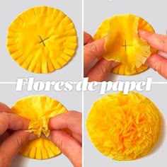 four pictures showing how to make a paper plate flower with the petals cut out and put together