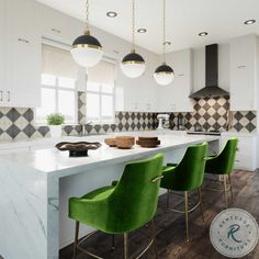 a kitchen with marble counter tops and green chairs in front of an island that has black and white checkered tiles on it