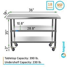 an image of a stainless steel table on wheels with measurements for the top and bottom