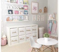 a child's room with white furniture and pictures on the wall above the table