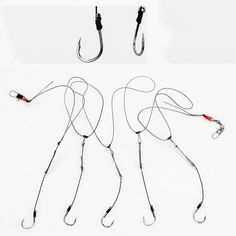 four different types of fishing hooks with wires attached to the ends, and two are shown in three separate images