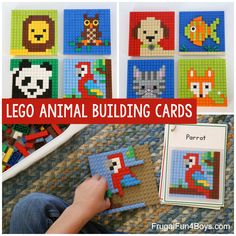 LEGO Animal Mosaic Building Cards - Frugal Fun For Boys and Girls Lego 3d Art, Lego Templates For Kids, Lego Building Challenges, Lego Library Ideas, Lego Activity Cards, Lego Cards Free Printable, Lego Building Challenges For Kindergarten, Lego Patterns, Lego Zoo Animals