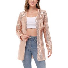 Make a statement with the Anna-Kaci Women's Sequin Open Front Cocktail Outerwear Jacket, a sophisticated and eye-catching piece perfect for any occasion. This shiny disco jacket boasts an open front with hook & closure and long sleeves, ensuring you'll stand out wherever you go. Glamorous Long Sleeve Fall Blazer, Glamorous Long Sleeve Blazer For Fall, Trendy Fall Party Blazer, Sequined Long Sleeve Outerwear For Spring, Long Sleeve Sequin Outerwear For Spring, Chic Stretch Blazer For Party, Sequin Cardigan For Night Out In Fall, Spring Outerwear With Sequins For Night Out, Fall Sequin Cardigan For Night Out