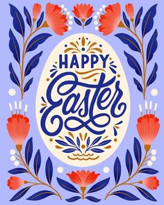 the words happy easter are surrounded by red flowers and blue leaves on a purple background