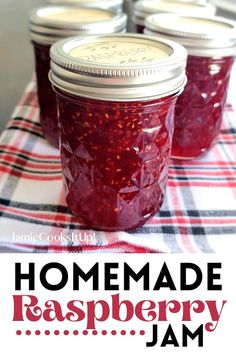 homemade raspberry jam in jars on a plaid tablecloth with text overlay