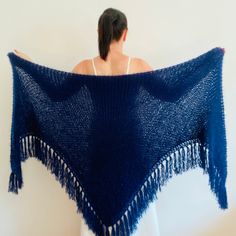 "Light blue shawl fringe fingerless mittens crochet Navy faux fur warm shoulder wrap winter wedding bridal bride pashmina bridesmaid fuzzy fall ❤️With each shawl you will get a GIFT - brooch in the same color 100% Hand Made Measurements:  STYLE 2 --- Length - top 102\" / 260 cm Center height 43'' / 110 cm) + Fringe 6\" / 15cm Soft warm blend Silky Vegan yarn. ANTIPILLING EFFECT Look, please, more: https://etsy.me/300Vzf8 Your custom orders are welcomed. Please message me for your custom inquirie Wedding Royal Blue, Fingerless Mittens Crochet, Winter Wedding Shawl, Bridesmaid Wrap, Wedding Royal, Winter Bridesmaids, Blue Bride, Bridesmaid Shawl, Bridal Shrug