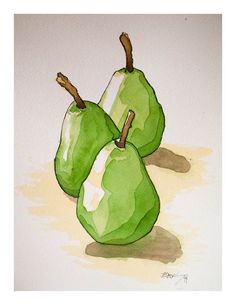 three green pears are sitting on the ground