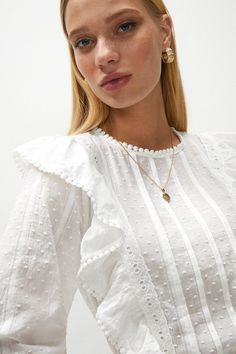 Tops | Frill And Lace Detail Dobby Blouse | Coast Lace Insert Blouse, White Blouses For Women, Lace Top Design, Lace Blouse Styles, Frill Neck Blouse, Winter Blouse, Lace Dress Outfit, Season Outfits, Lace Blouses