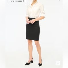 Nwt J. Crew Pencil Skirt Relaxed Lined Skirt For Workwear, Classic Relaxed Mini Skirt For Office, Classic Black Skirt For Workwear, Black Office Lady Skirt For Workwear, Black Office Skirt For Work, Office Lady Black Skirt For Work, Knee-length Skort For Workwear, Classic Workwear Skort, Midi Skort For Workwear