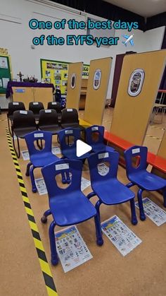 there are many blue chairs in the room with yellow caution tape on the floor and one of the best days of the eyfs year